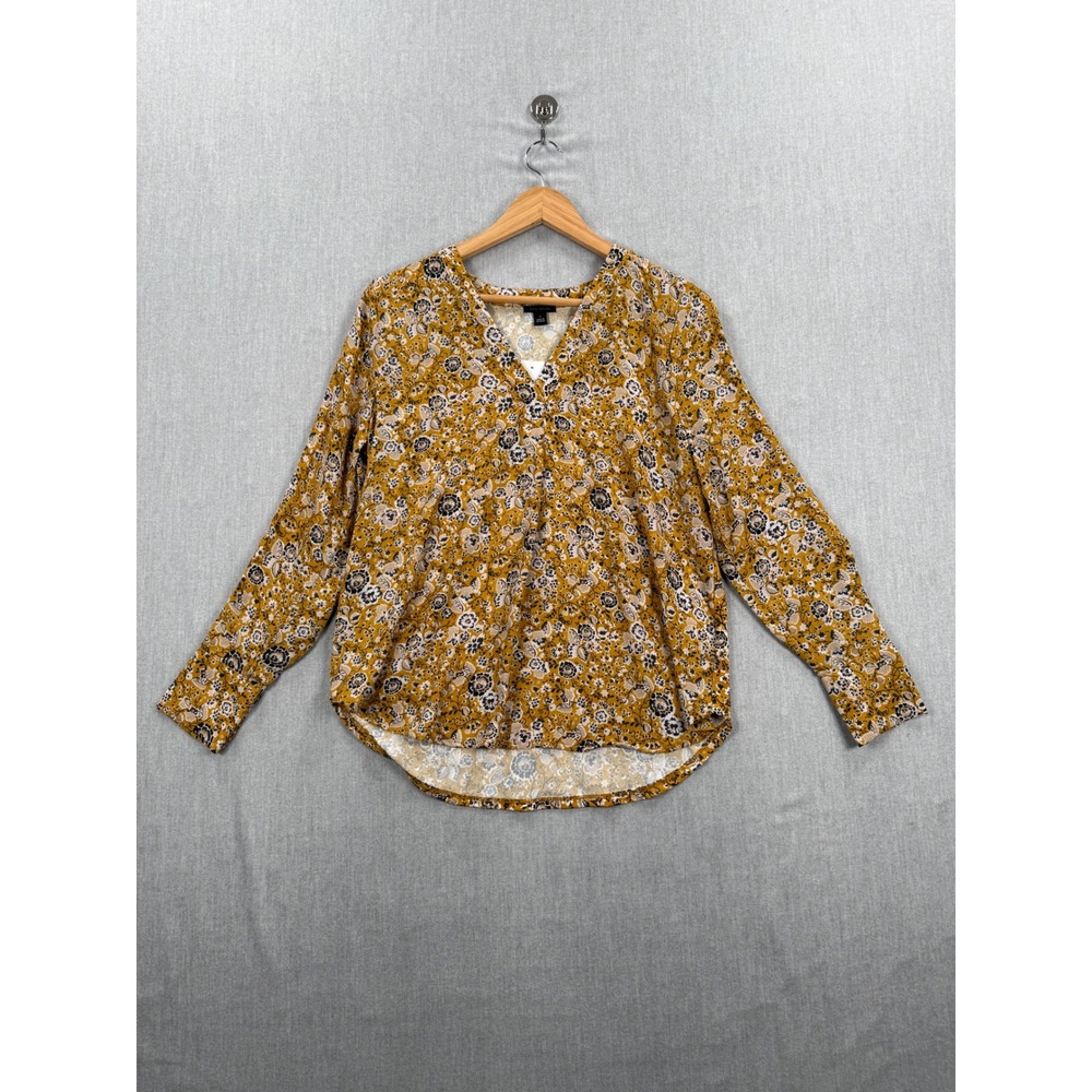 Ann Taylor Mustard Yellow Floral V-Neck Mixed Media Blouse Small NWT 32093223